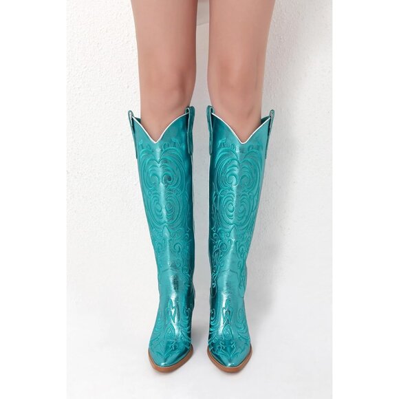 Women Metallic Blue Knee High Pointed Toe Block Heel Cowboy Western Boots - Picture 6 of 8